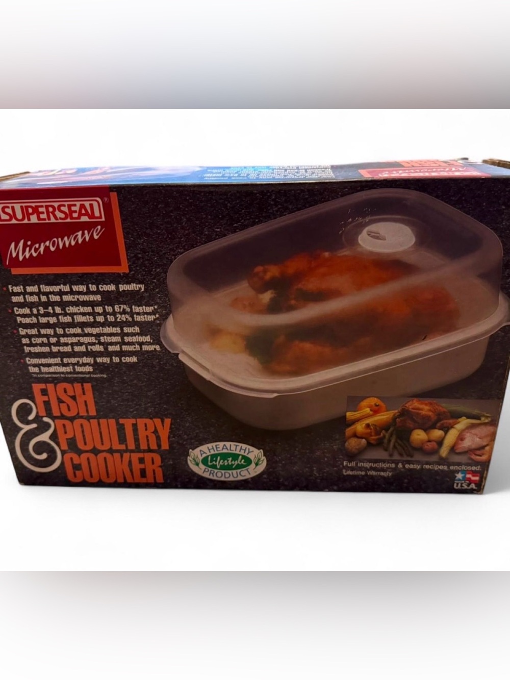 Vintage Superseal Microwave Fish & Poultry Cooker NOS USA 3 Pc Open Box Vented